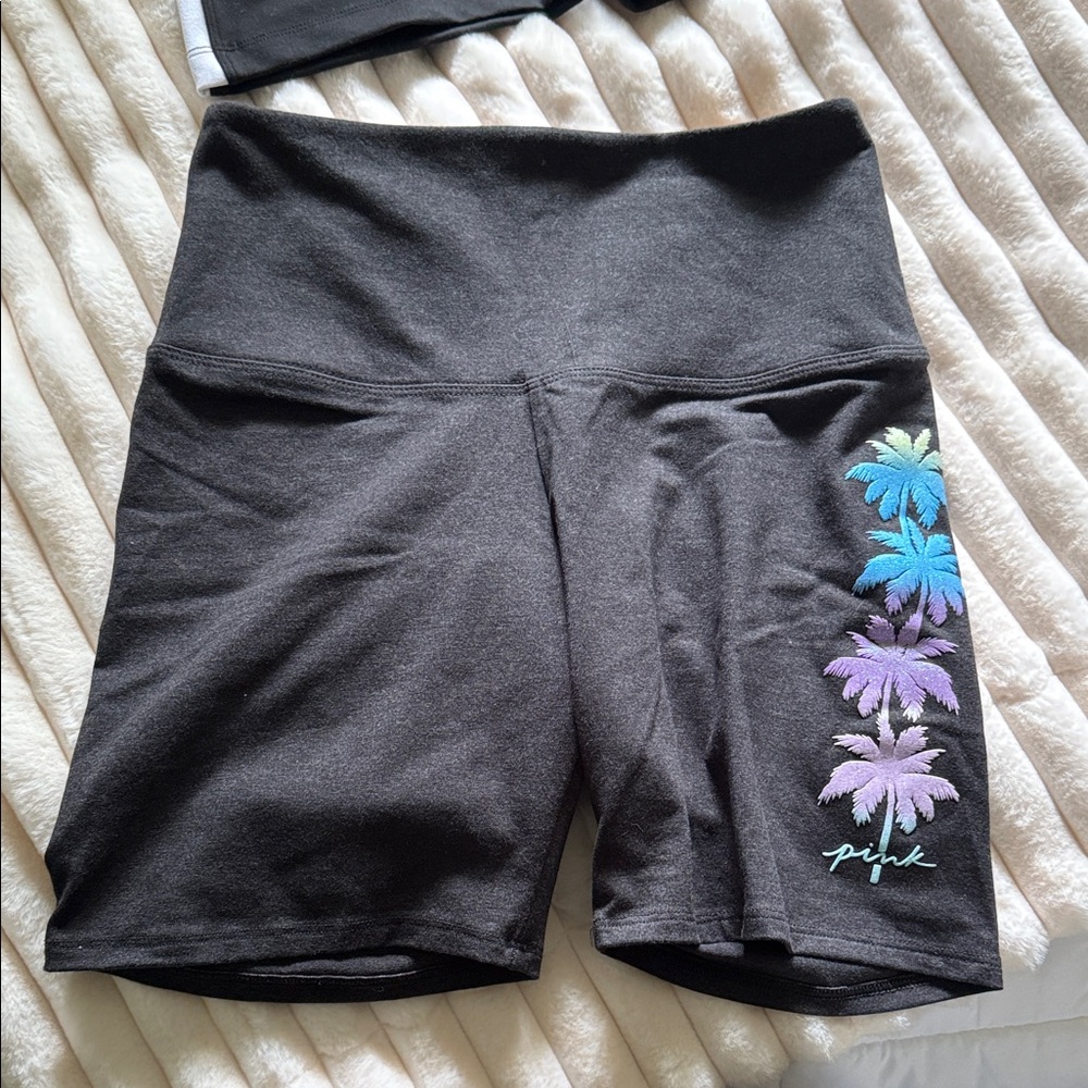 PINK Victoria's Secret 6 inch Black Bike Shorts with palm trees